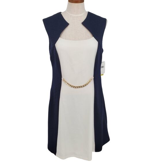 Sandra Darren Womens 14 Navy White Ponte Knit Sheath Dress Pockets Lined New - Picture 1 of 8